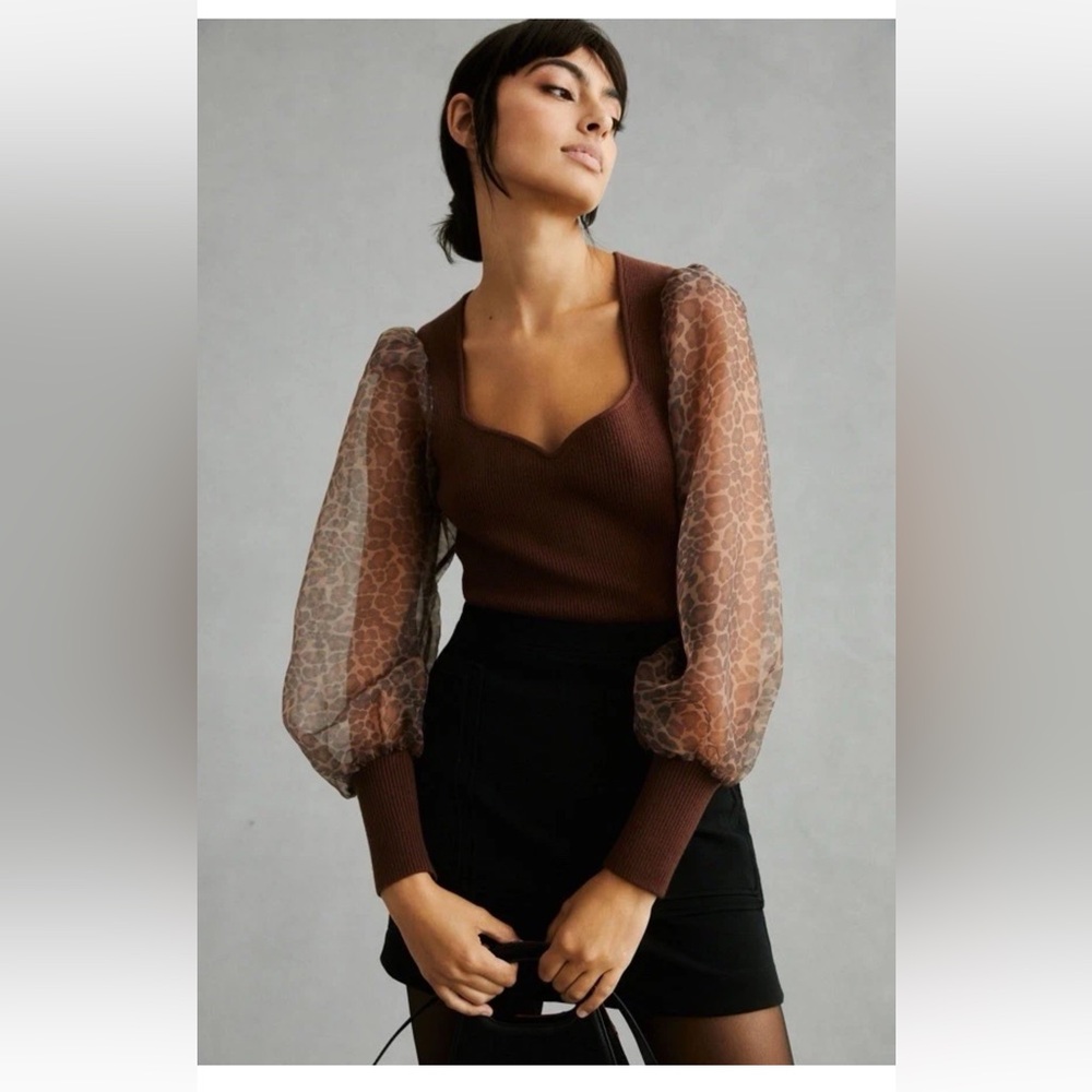 Anthropologie Dolan Ribbed Puff-Sleeve Brown Sweater Sheer Leopard Sleeves XS